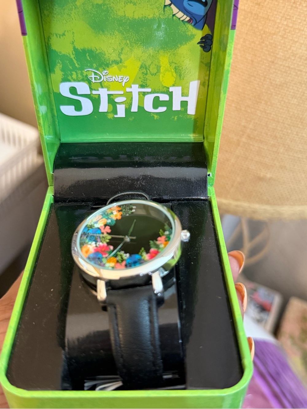 Disney Stitch Black Watch with Colorful Floral Dial